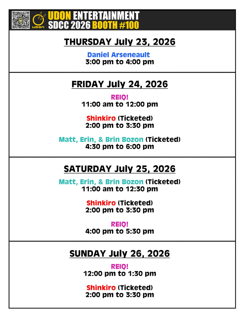 San Diego Comic-Con 2026 - UDON Booth 100 Signing Schedule